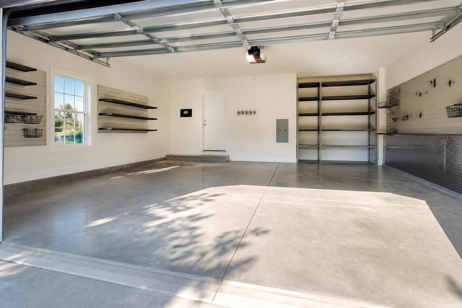 Empty, freshly cleaned residential garage with swept concrete floor